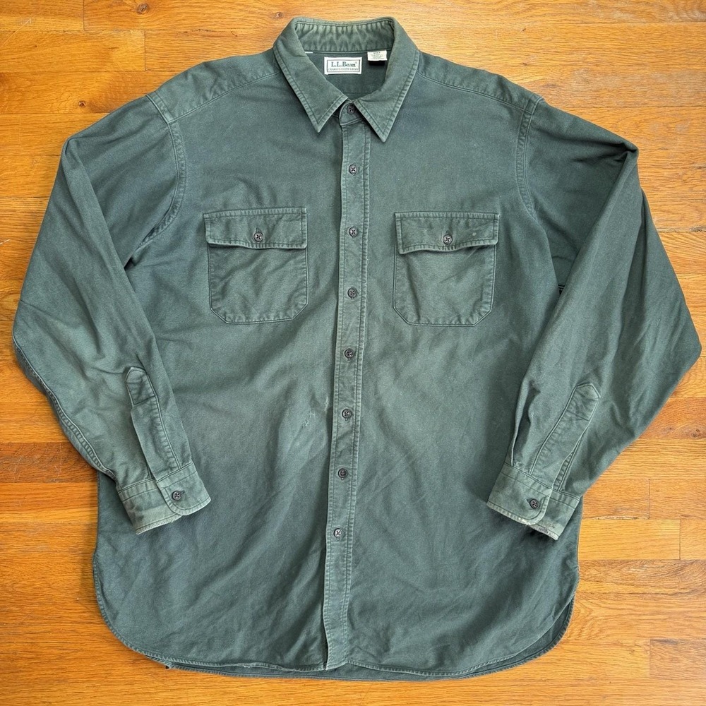 Vintage LL Bean Chamois Cloth Shirt Mens XL Tall Green Cotton Made in USA 80s